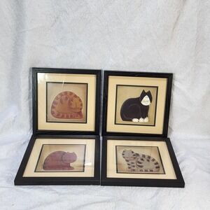 Fiddlestix Primitive Cat Art Framed Prints Set of 4 Folk Art Wall Decor Black
